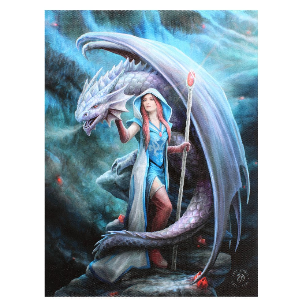 Canvas print by Anne Stokes showing a dragon and a sorceress with red hair holding a jeweled staff