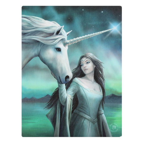 Canvas print by Anne Stokes, maiden and unicorn with green-aqua Northern Lights behind them