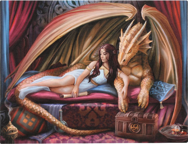 Canvas art print by Anne Stokes, dragon reclining with maiden with treasure chest