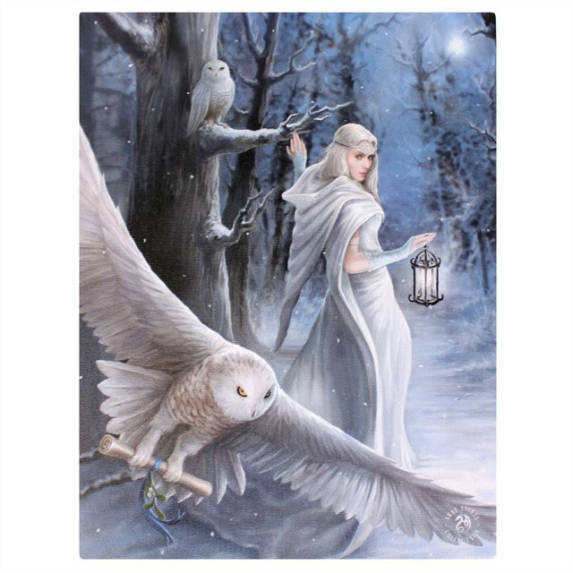 Canvas art print by Anne Stokes, woman in white in snowy forest with two owls, one holding a scroll