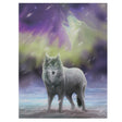 Canvas print by Anne Stokes featuring grey wolf and howling wolf face in the Aurora Borealis in the sky