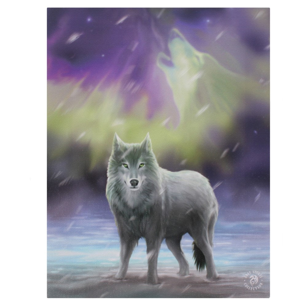 Canvas print by Anne Stokes featuring grey wolf and howling wolf face in the Aurora Borealis in the sky