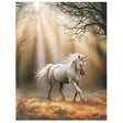 Canvas print by Anne Stokes featuring a white unicorn prancing through a golden sunlit meadow