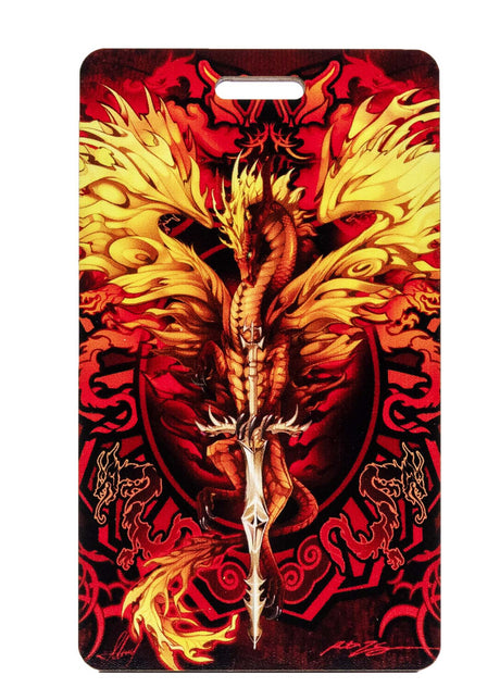 Luggage tag with dragon design with flames on a red background