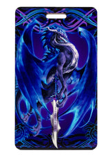 Luggage tag with dragon and sword in blue and purple