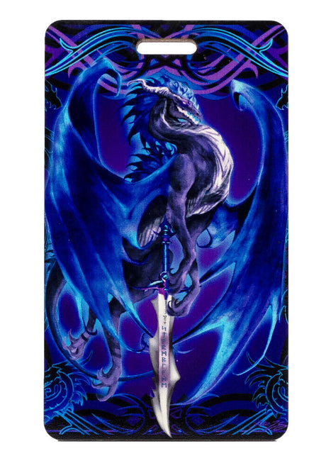 Luggage tag with dragon and sword in blue and purple