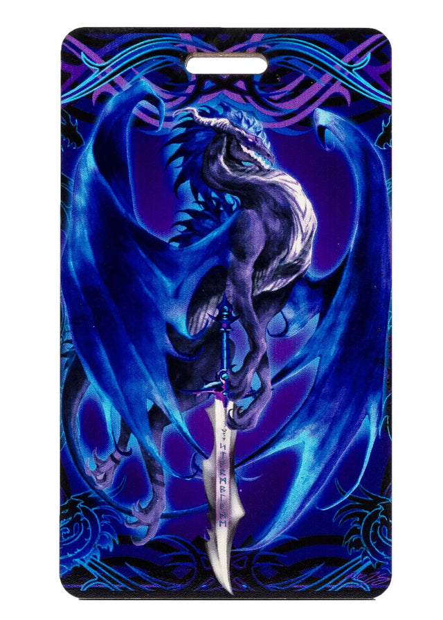 Luggage tag with dragon and sword in blue and purple