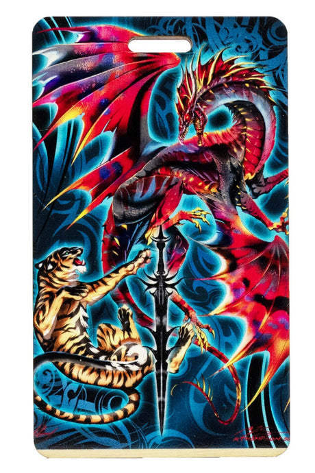 Colorful dragon and tiger design on a blue background, featured on a luggage tag
