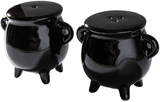 Black ceramic salt and pepper shakers shaped like cauldrons