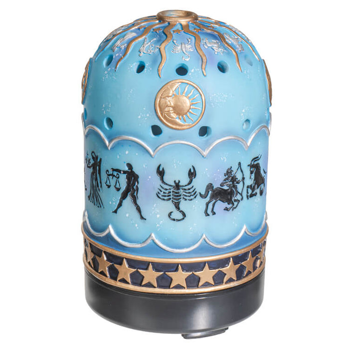 Aroma lamp with zodiac symbols on blue with metallic gold and silver celestial accents