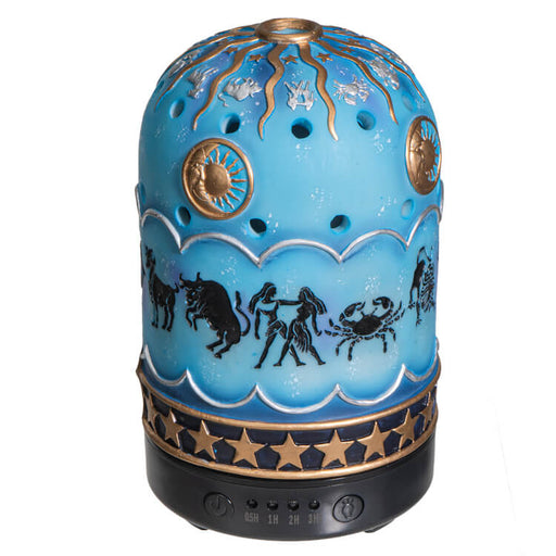 Aroma lamp with zodiac symbols on blue with metallic gold and silver celestial accents