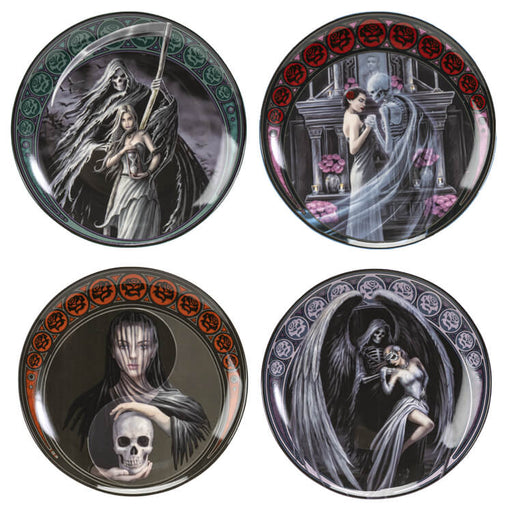 Set of 4 small dessert plates with Anne Stokes skeleton and maiden artwork, made of porcelain. Woman with grim reaper, woman with skeleton, maiden with skull, and maiden with fallen angel