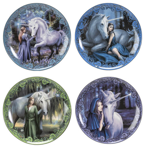 Set of 4 porcelain dessert plates showing Anne Stokes artwork. Unicorn and woman standing in flowers at the edge of the forest, unicorn and woman in  blue laying down, woman in green with white unicorn, and cloaked woman with unicorn