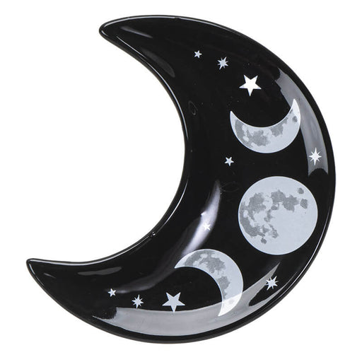 Black ceramic trinket dish with in crescent moon shape with moon and stars design
