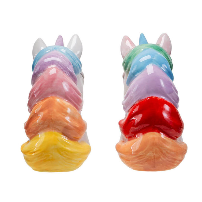 Rainbow-maned unicorn salt and pepper shakers, white and pink, showing the manes