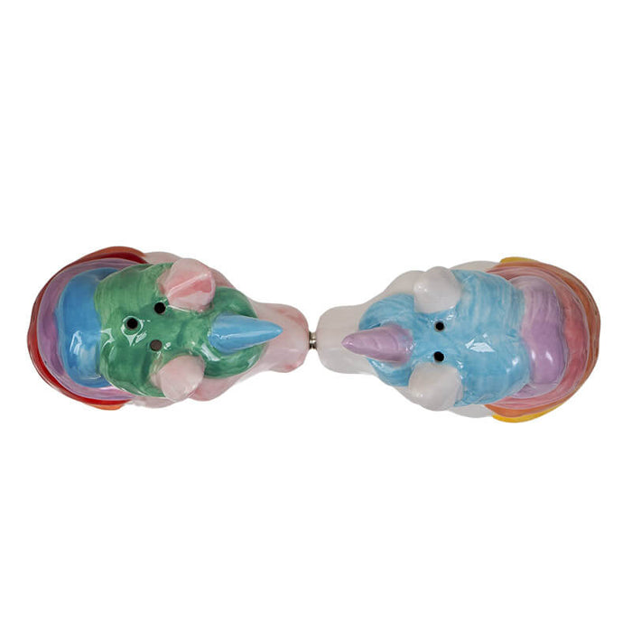 Rainbow-maned unicorn salt and pepper shakers, white and pink, shown top-down displaying holes for seasonings