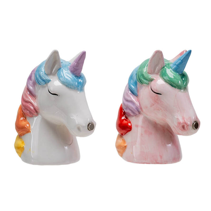 Rainbow-maned unicorn salt and pepper shakers, white and pink with magnet on nose