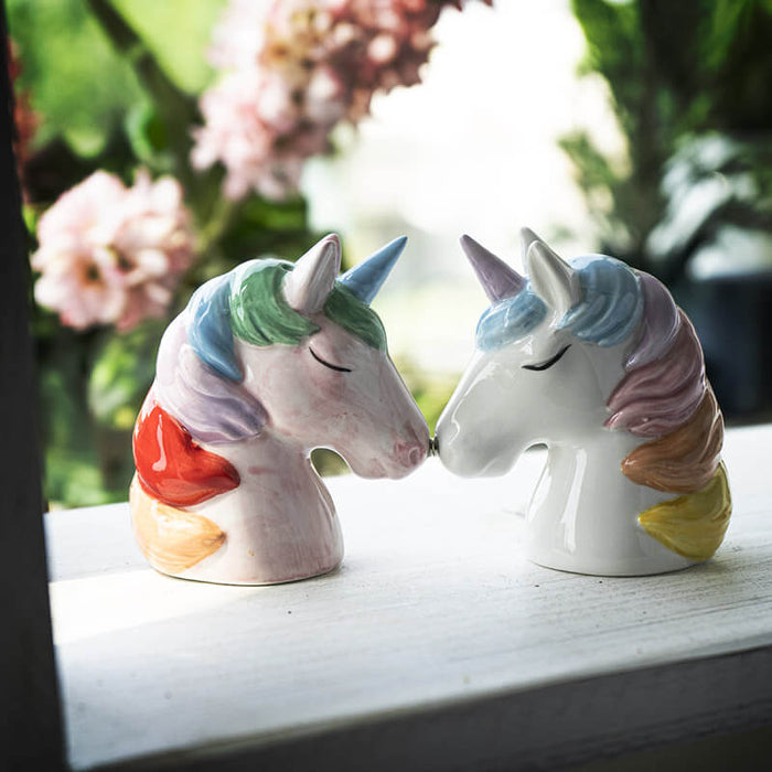 Rainbow-maned unicorn salt and pepper shakers, white and pink