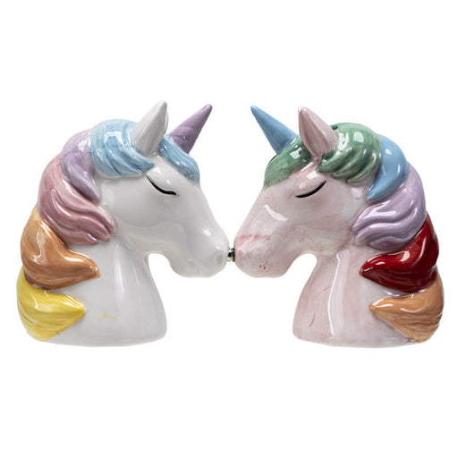 Rainbow-maned unicorn salt and pepper shakers, white and pink