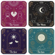 Set of 4 Tarot Card coasters - The Lovers (pink), The Moon (black), The Star (purple), The Sun (green)