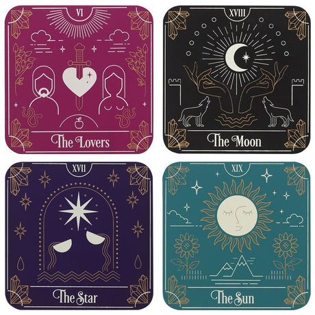 Set of 4 Tarot Card coasters - The Lovers (pink), The Moon (black), The Star (purple), The Sun (green)