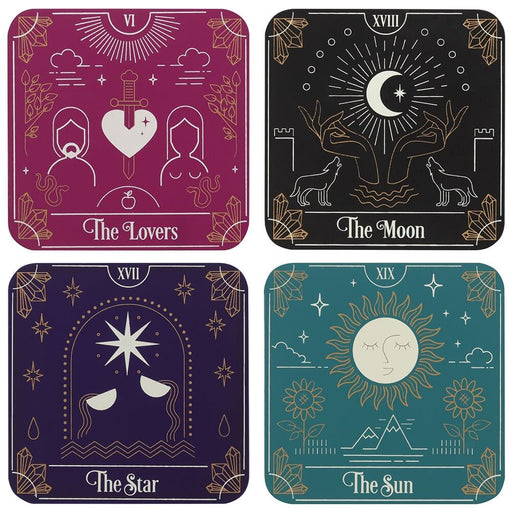 Set of 4 Tarot Card coasters - The Lovers (pink), The Moon (black), The Star (purple), The Sun (green)