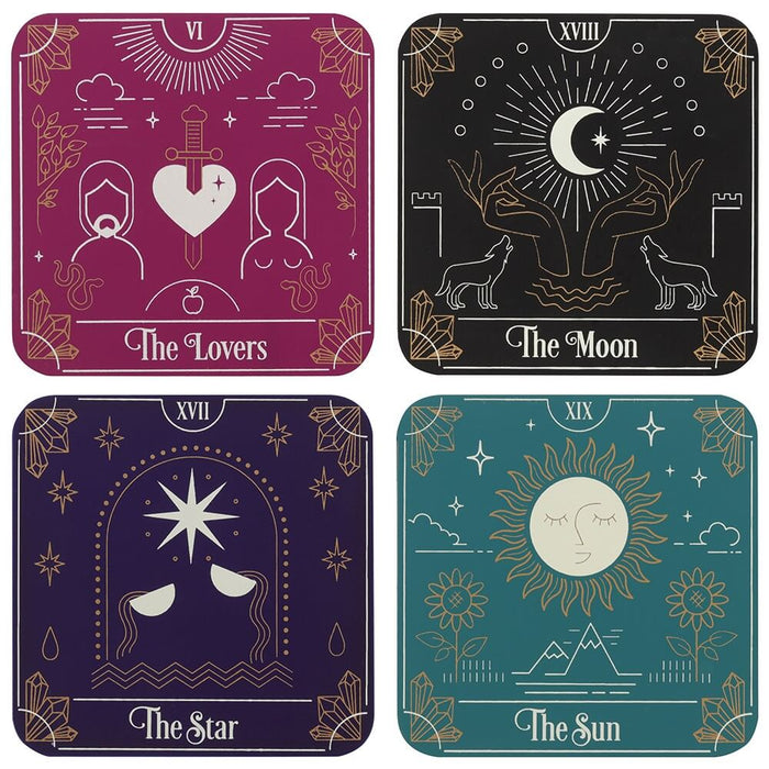 Set of 4 Tarot Card coasters - The Lovers (pink), The Moon (black), The Star (purple), The Sun (green)