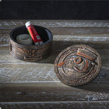 Faux-metal trinket box with plague doctor on the lid, copper and tan color scheme