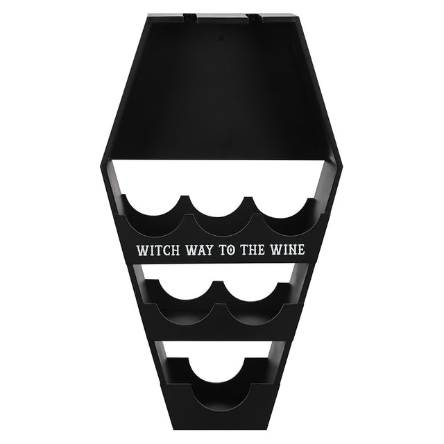 Wine rack in black, coffin shape, with text "Witch way to the wine"