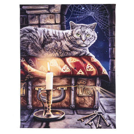 Canvas print, art by Lisa Parker, gray tabby cat on pillow with candlelight and spiderweb, keys, trunk