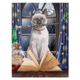 Canvas print by Lisa Parker, Siamese cat with blue eyes holding wand in mouth, sitting with bottles of potion and spellbook