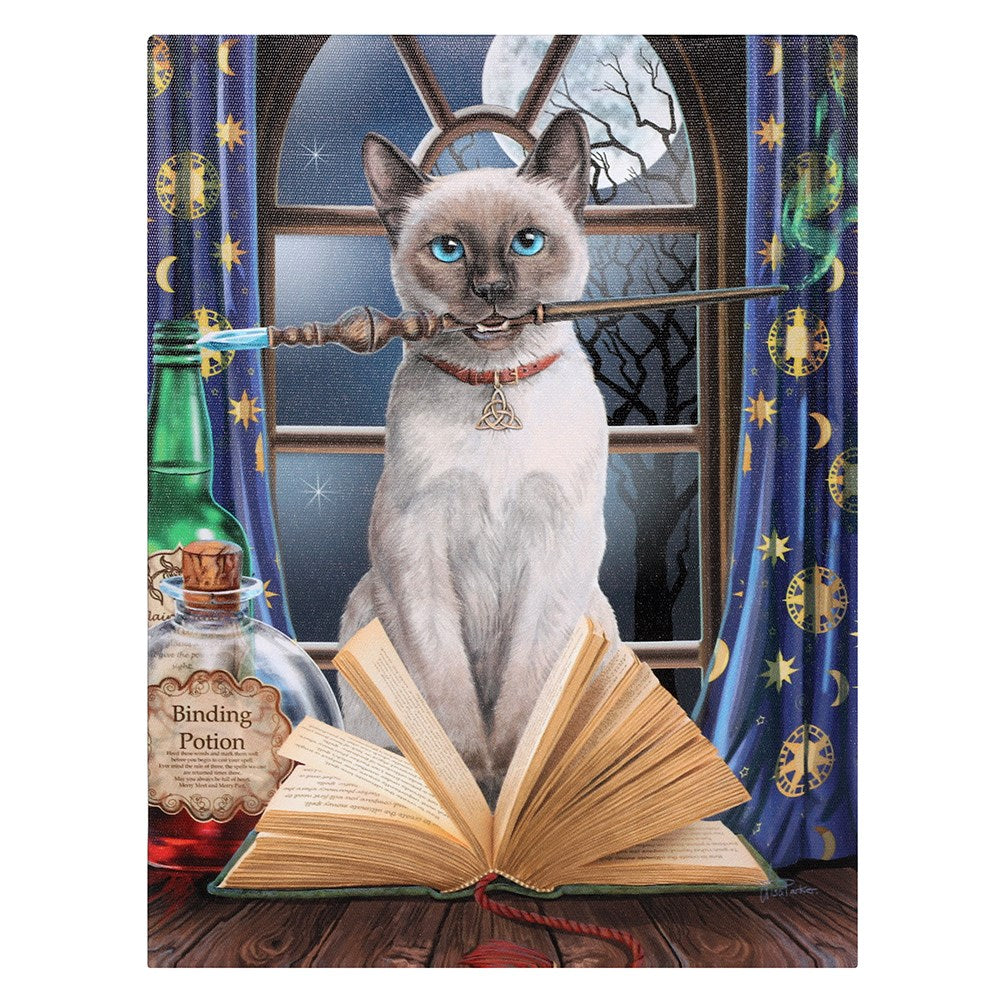 Canvas print by Lisa Parker, Siamese cat with blue eyes holding wand in mouth, sitting with bottles of potion and spellbook