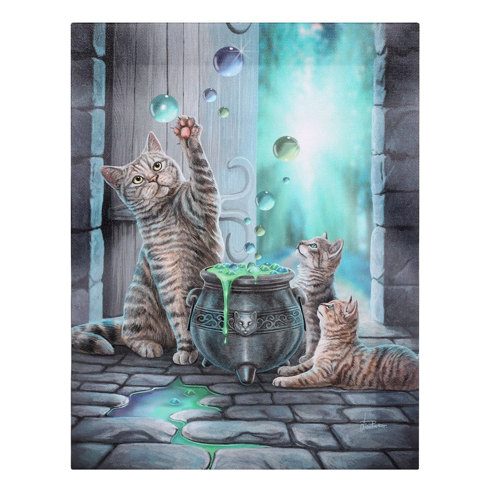 Canvas art print by Lisa Parker, three striped tabby cats sitting around a cauldron with bubbles floating up. Largest cat reaches for one.
