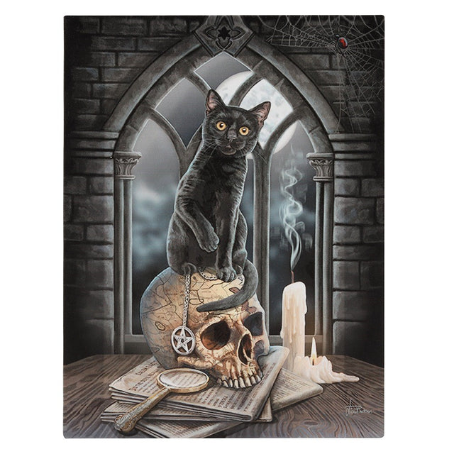 Canvas art print by Lisa Parker, black cat with pentacle sitting on human skull on newspapers with magnifying glass and burnt out candle, full moon in the background