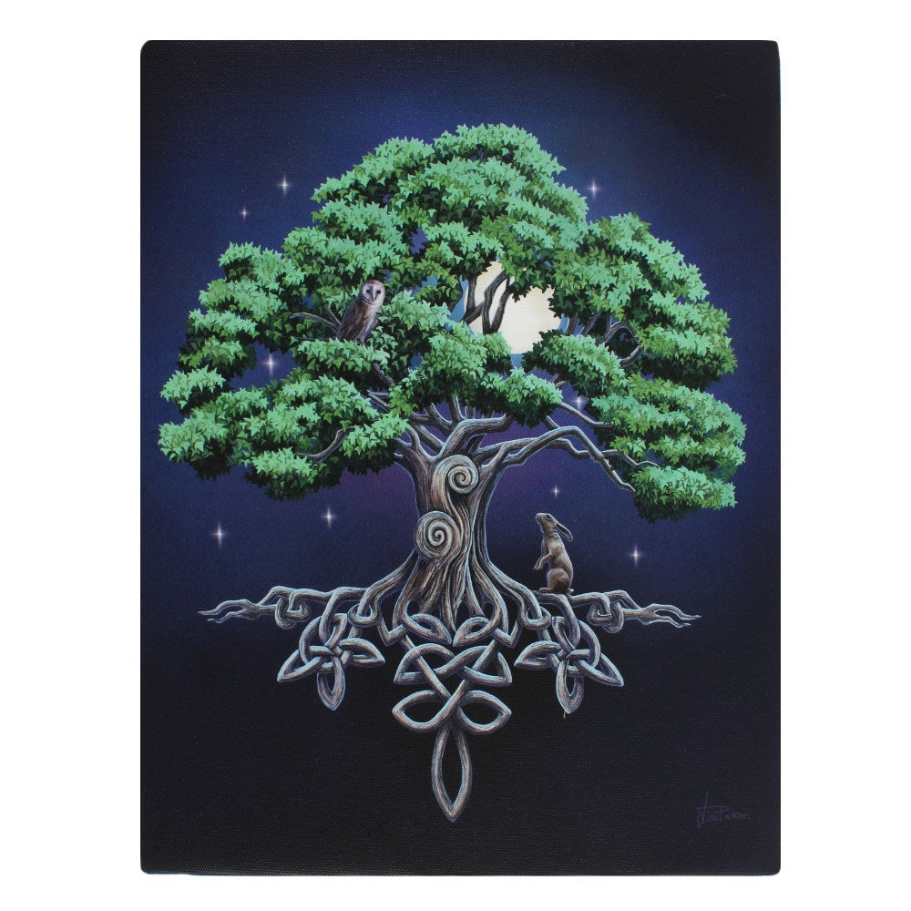 Canvas print, art by Lisa Parker, Tree of Life with Celtic knot roots, owl and hare