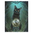 Canvas art print with black cat and crystal ball in which a witch flies on a broomstick, art by Lisa Parker