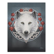 Canvas art print by Lisa Parker, white wolf head surrounded by fall leaves in red and Celtic knot design