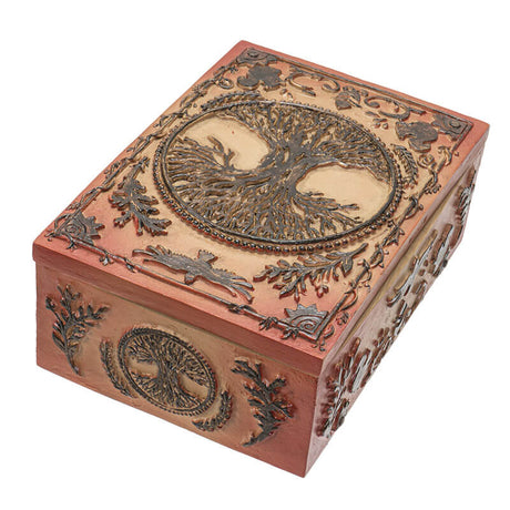 Tree of Life trinket box in earthy tan color scheme with birds, animals, and foliage. Rectangular with lid.