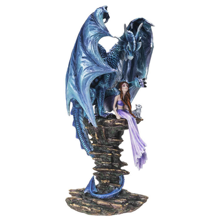 Blue dragon protectively curling wings around fairy in purple and white cat
