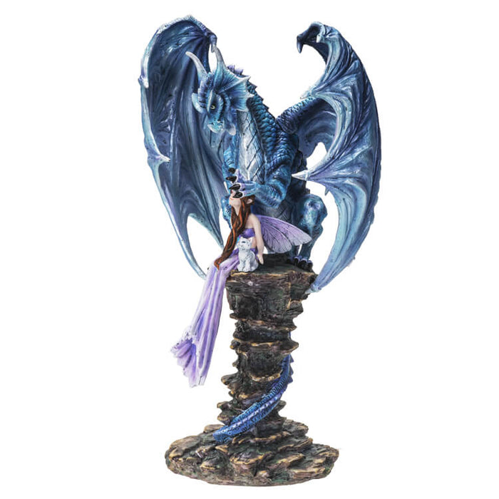 Blue dragon protectively curling wings around fairy in purple and white cat, shown from the side. They sit on a rocky spire