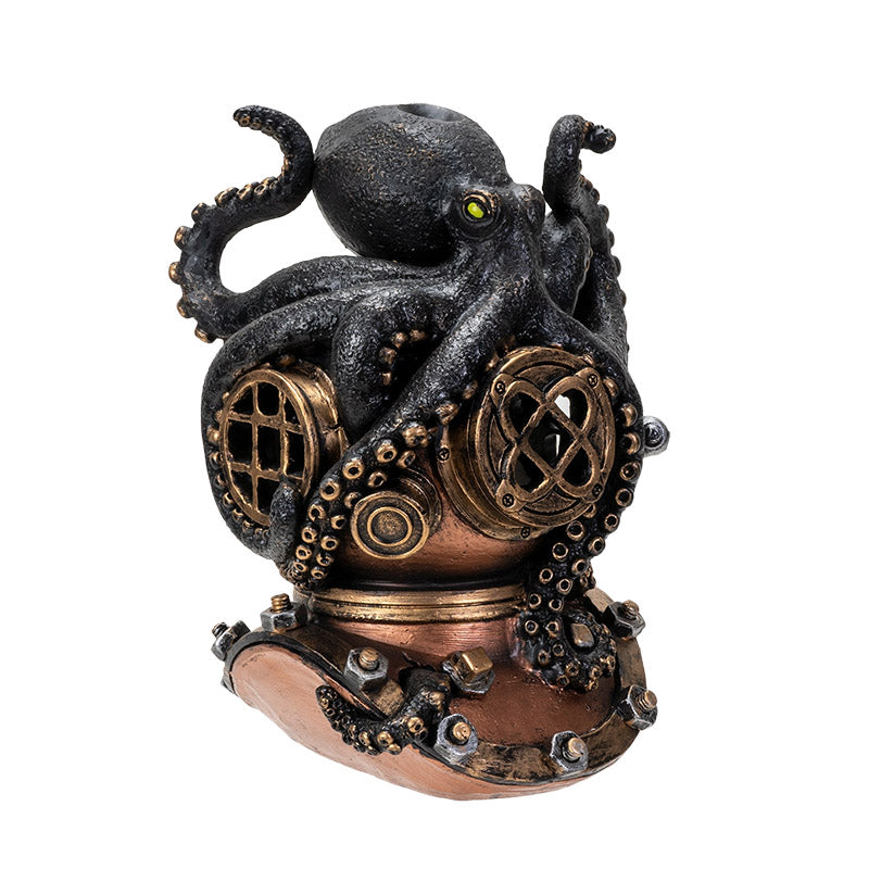 Backflow incense burner featuring a black octopus on a bronze diver's helmet