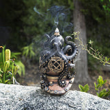 Backflow incense burner featuring a black octopus on a bronze diver's helmet