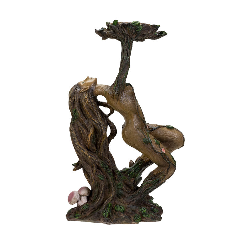 Candle holder shaped like an ent tree-woman/nymph, arms and hands reaching up to form holder