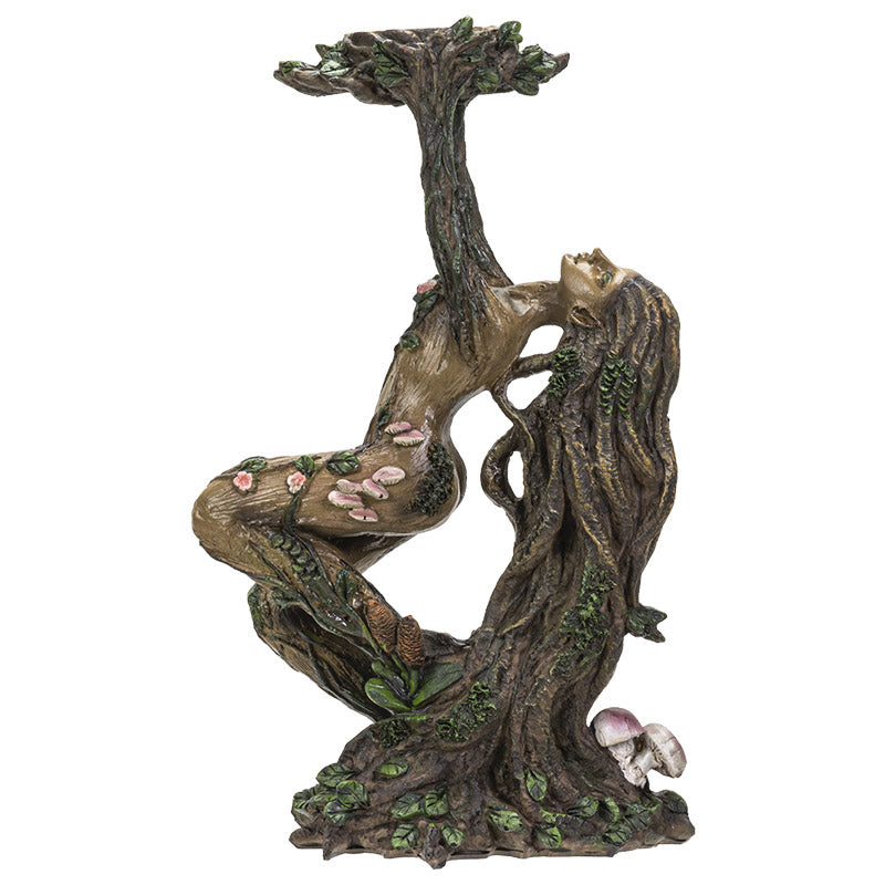 Candle holder shaped like an ent tree-woman/nymph, arms and hands reaching up to form holder
