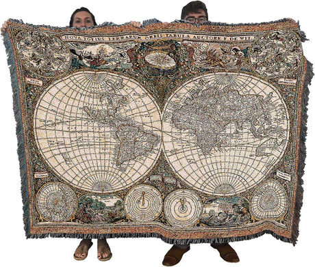 Tapestry blanket of antique map, held by two adults