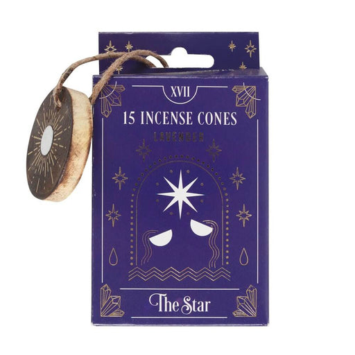 Box of 15 lavender incense cones, themed tarot "The Star" with purple and metallic packaging. Included round wooden holder.