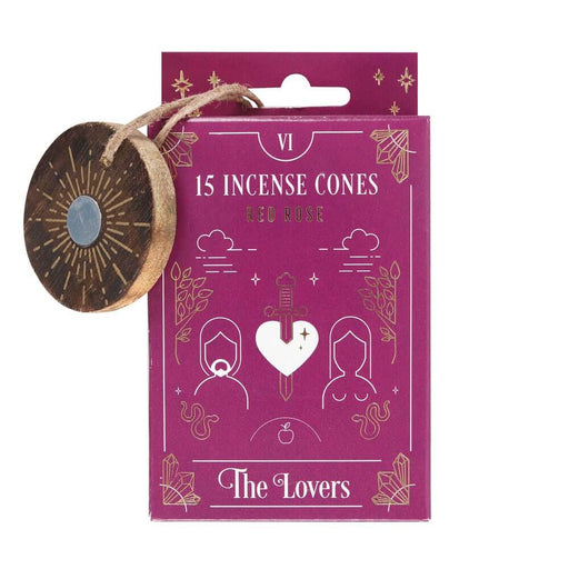 Box of 15 red rose incense cones with wooden holder. Box is magenta with The Lovers tarot design and metallic accents.