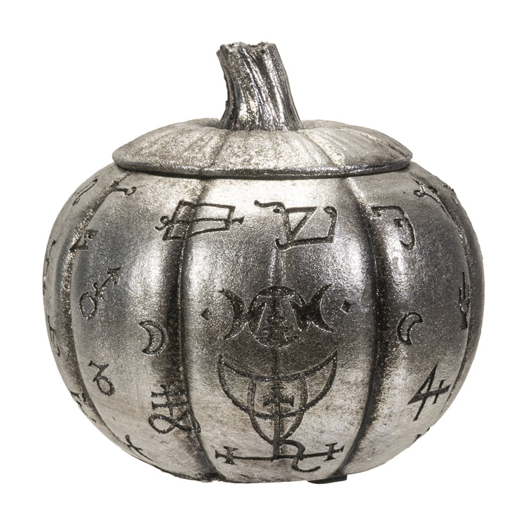 Silver-finished resin lidded jar, grinning jack-o-lantern pumpkin with arcane symbols