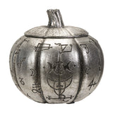 Silver-finished resin lidded jar, grinning jack-o-lantern pumpkin with arcane symbols