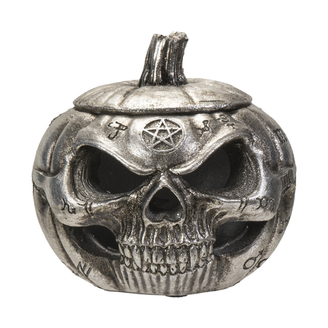 Silver-finished resin lidded jar, grinning jack-o-lantern pumpkin with arcane symbols